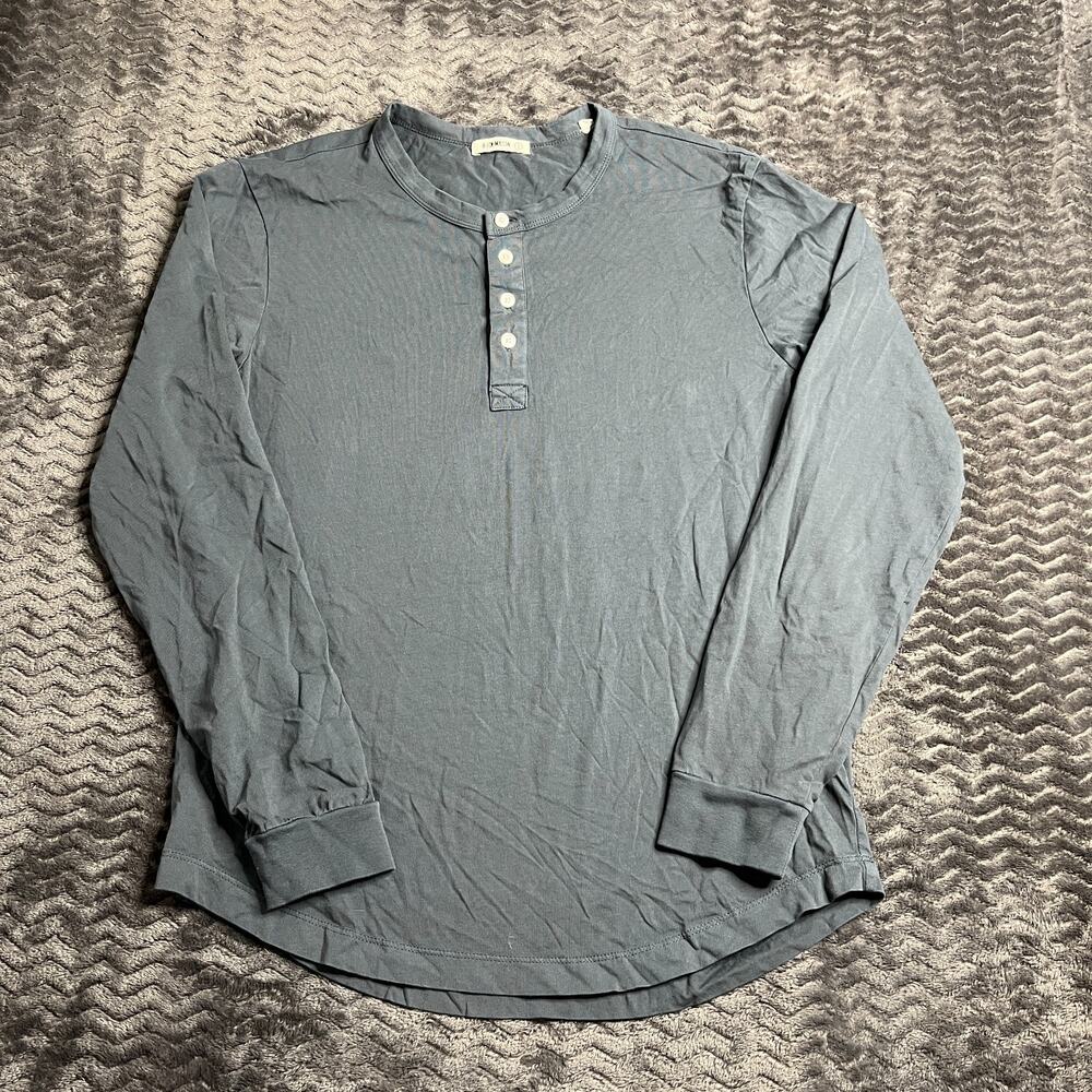 Buck Mason Henley Shirt Mens Small Gray/Blue Long Sleeve Curve Hem Cotton